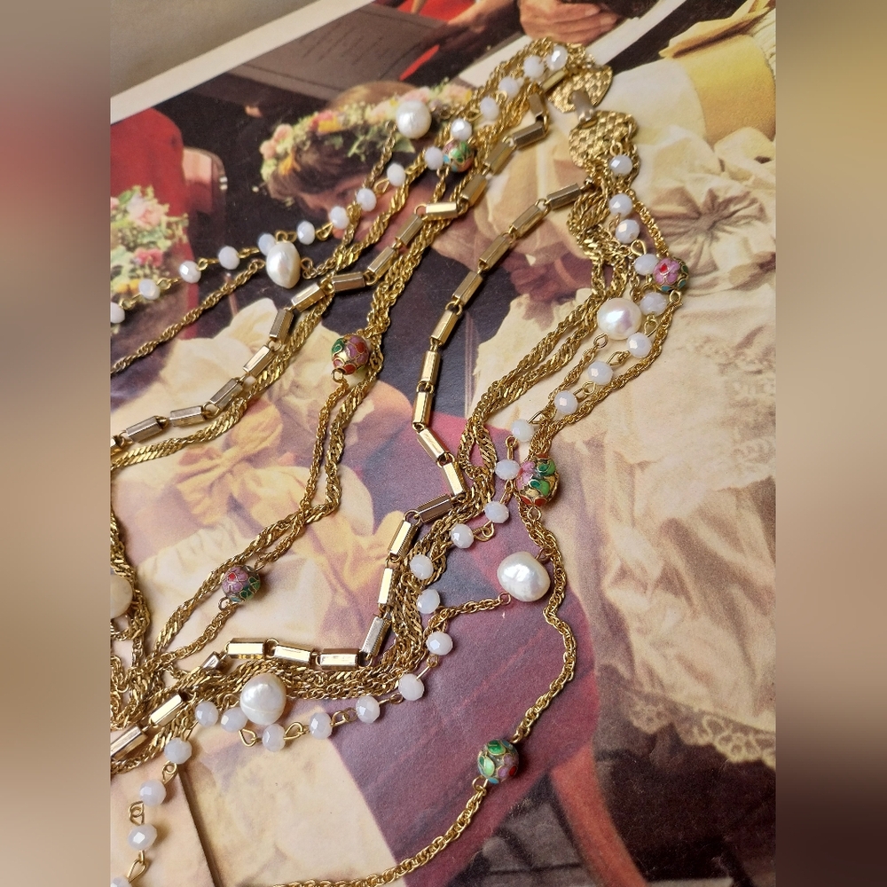 Multi-Layered Gold & Pearl Necklace - Picture 8 of 13